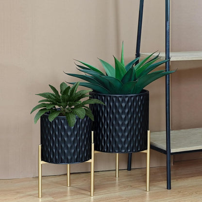 ARNIS Plants Pots with Stand, Set of 2 Planters, Unique Mid Century Decorative Metal Flower Pots