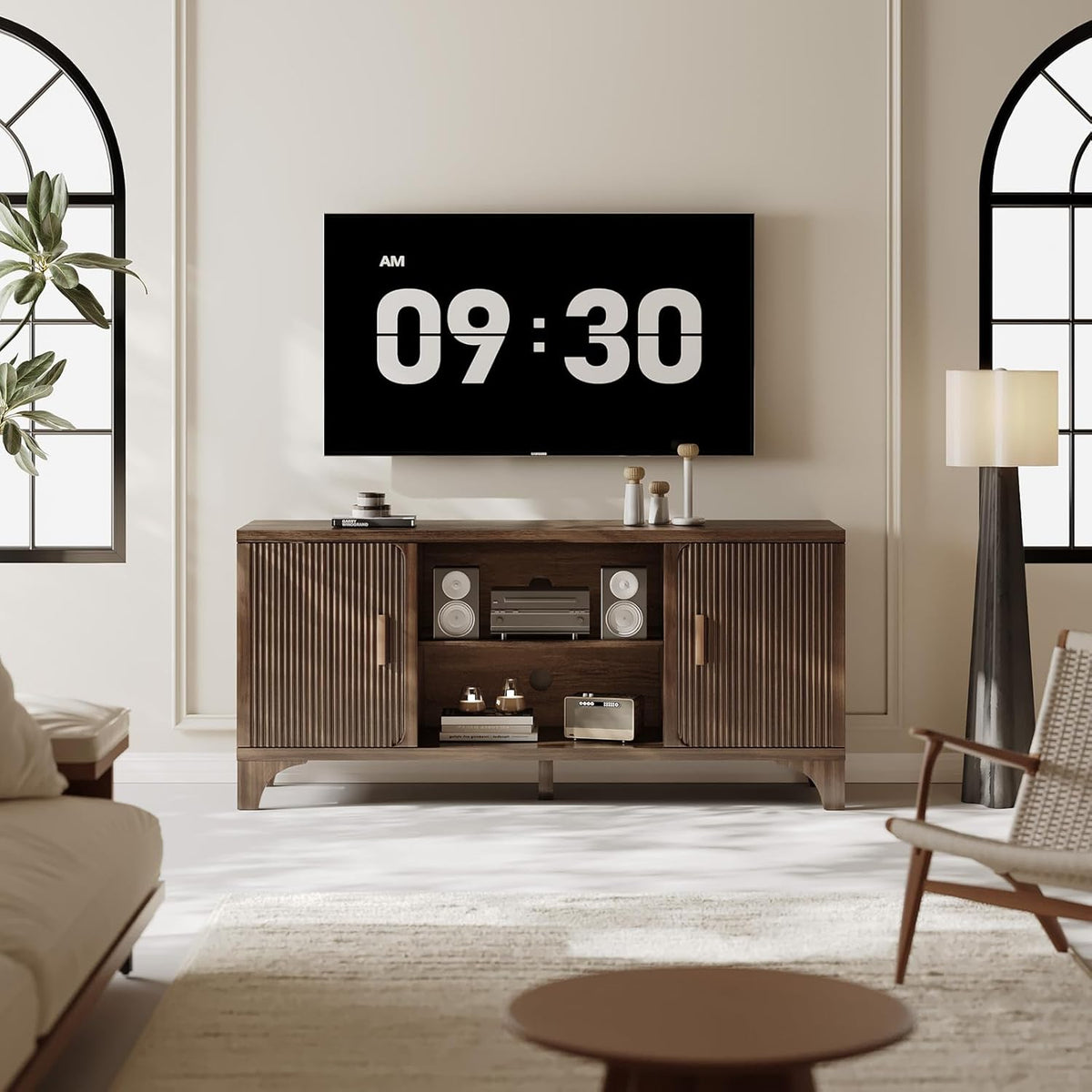 Tall Mid Century Modern TV Stand for 55/65 Inches Television, TV Console with Fluted Doors and