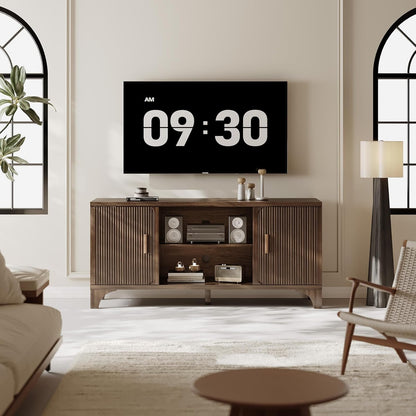 Tall Mid Century Modern TV Stand for 55/65 Inches Television, TV Console with Fluted Doors and