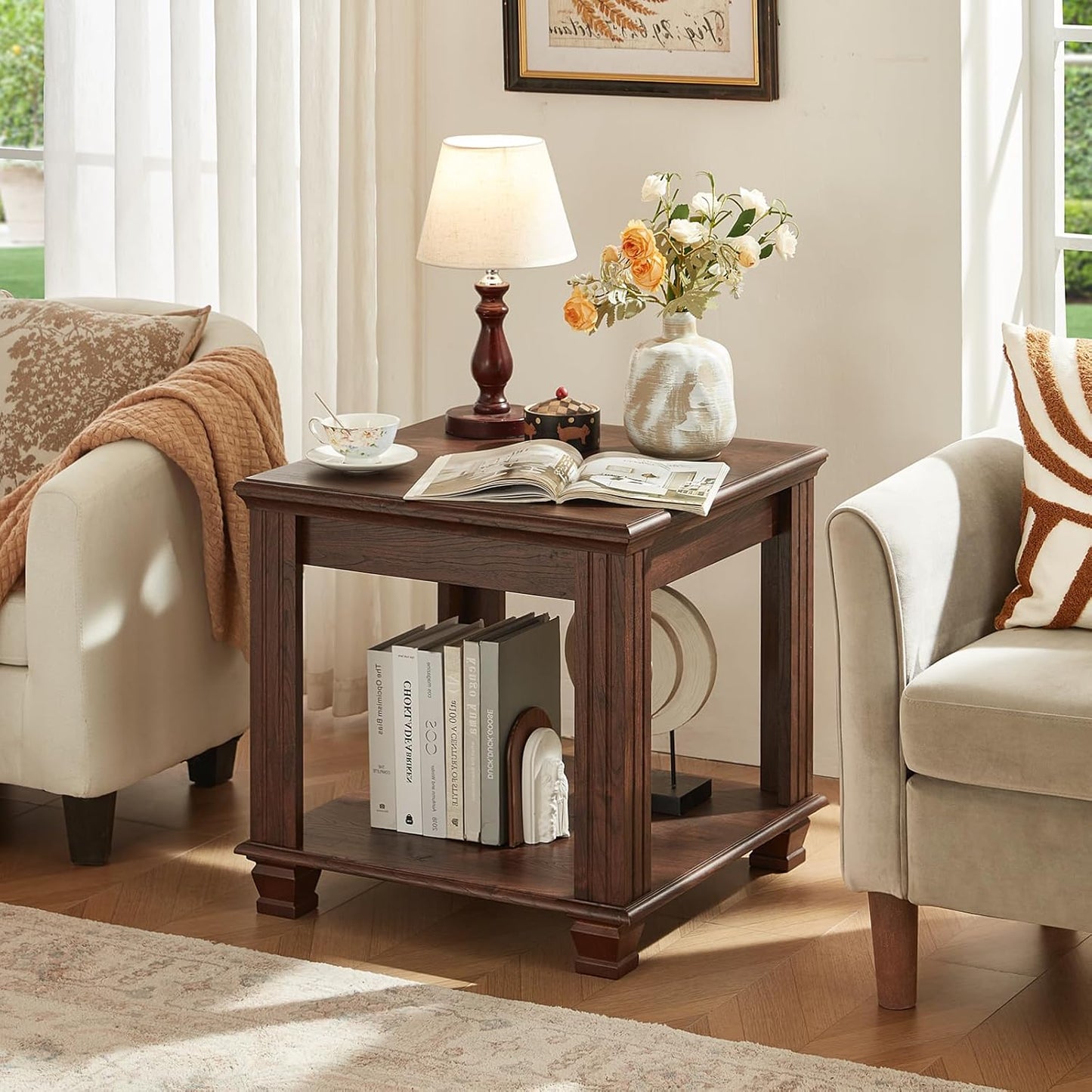 Farmhouse End Table,Large Side Table with 2-Tier Storage Shelf,Rustic Brown End Tables for Living