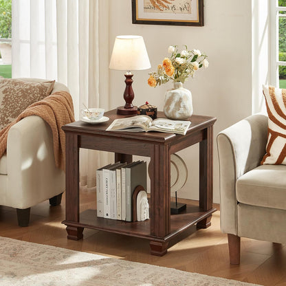 Farmhouse End Table,Large Side Table with 2-Tier Storage Shelf,Rustic Brown End Tables for Living