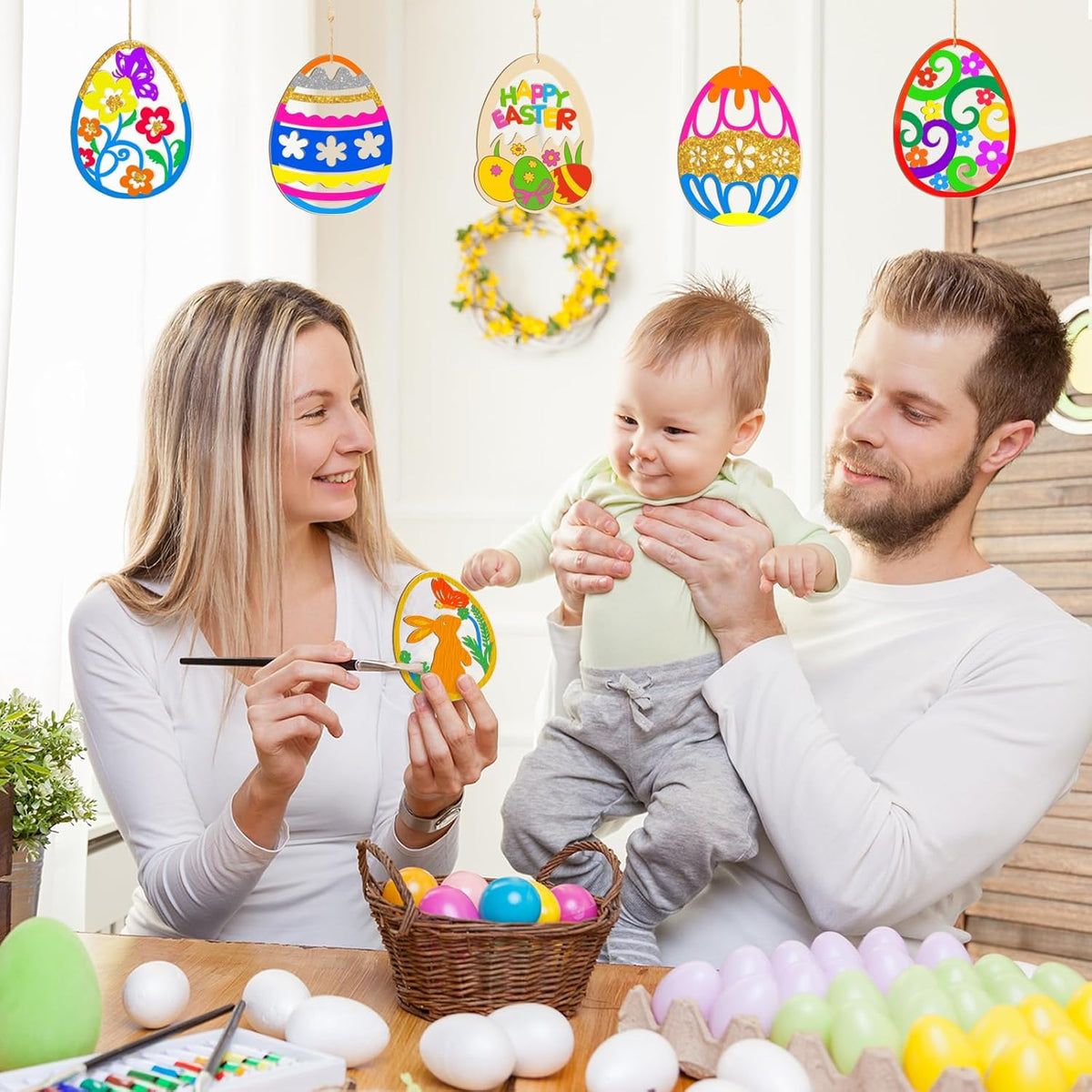 80PCS Wooden Easter Ornaments to Paint, 10 Styles DIY Blank Unfinished Wood Egg Cutouts Ornament