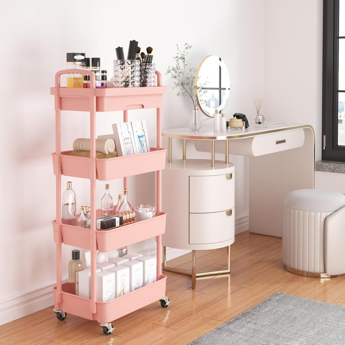 Calmootey 4-Tier Rolling Utility Cart with Drawer,Multifunctional Storage Organizer with Plastic