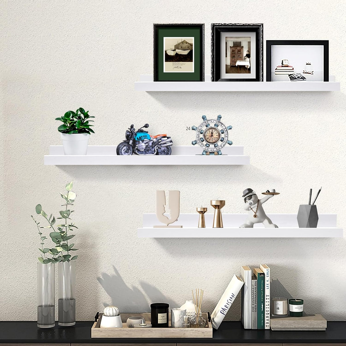 AZSKY White Kids Bookshelf Floating Shelves Wall Mounted 24 Inches Long Nursery Wooden Book Shelves
