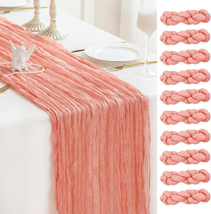 Sioloc 10 Pack Peach Coral Cheesecloth Table Runner Fall Autumn Decor for Home 10ft Table Cloth for