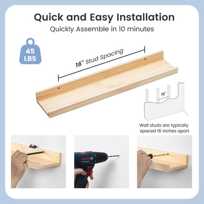 Picture Ledge Shelf for Wall, 24 inch Solid Pine Wood Nursery Book Shelves 2 Packs, Floating Ledge