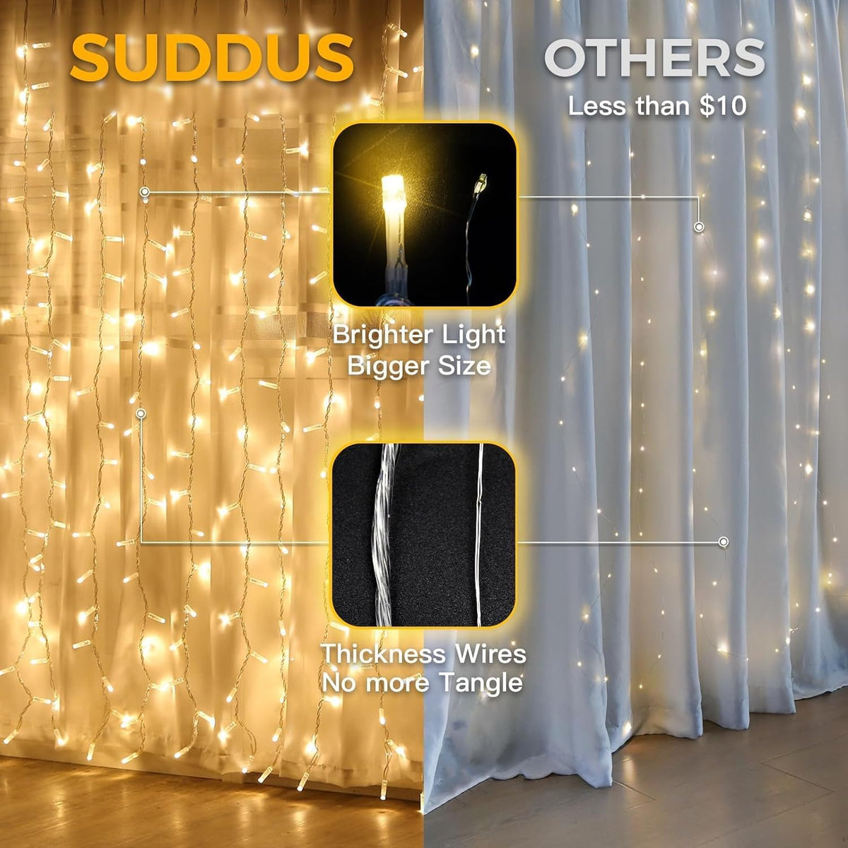 suddus Curtain Lights for Bedroom, 200 Led Hanging String Light Outdoor, Fairy Curtain Lights
