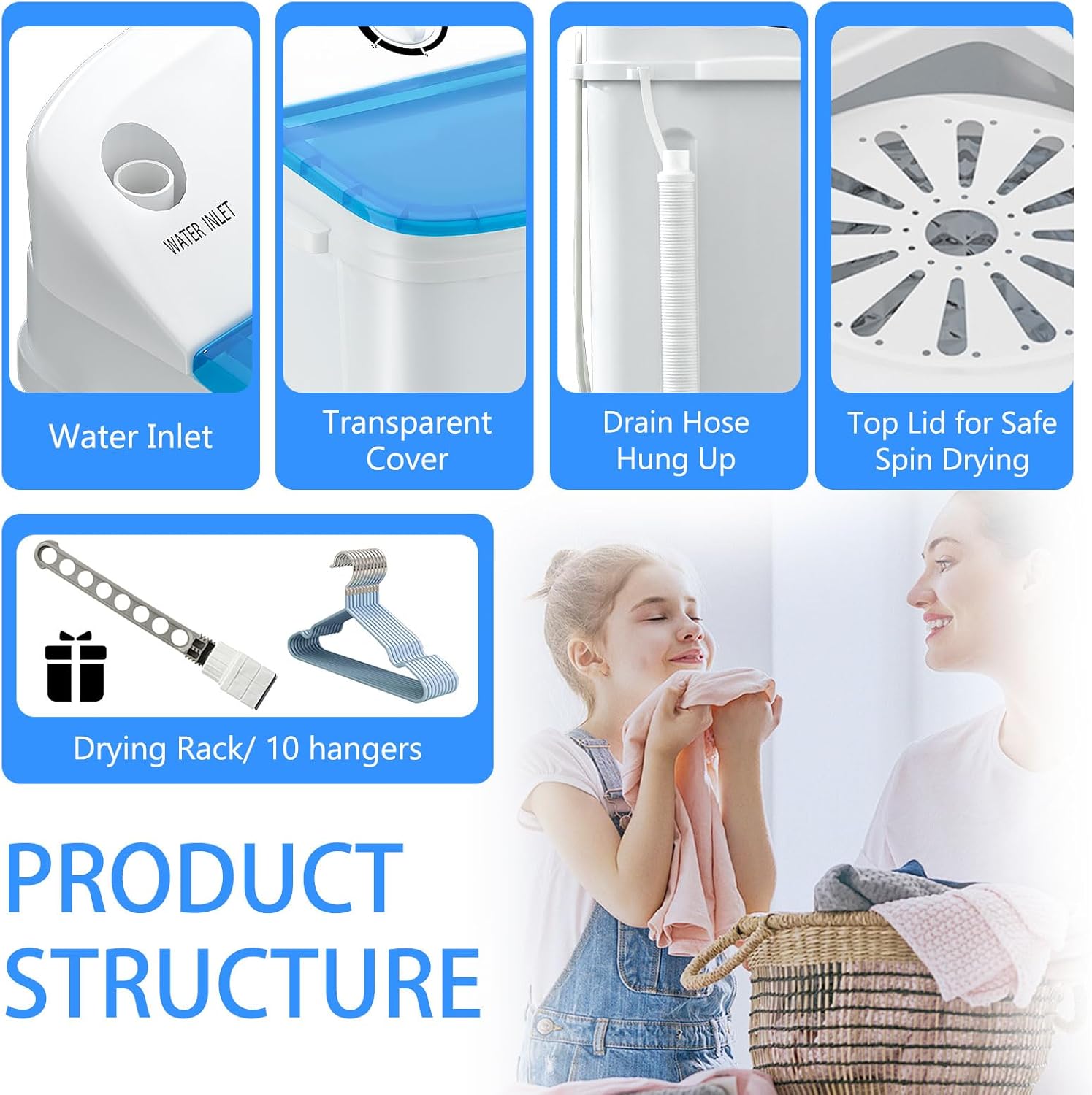 Portable Mini Twin Tub 18lbs Washing Machine With Drying Rack& 10 Hangers, 11lbs Washer & 7lbs