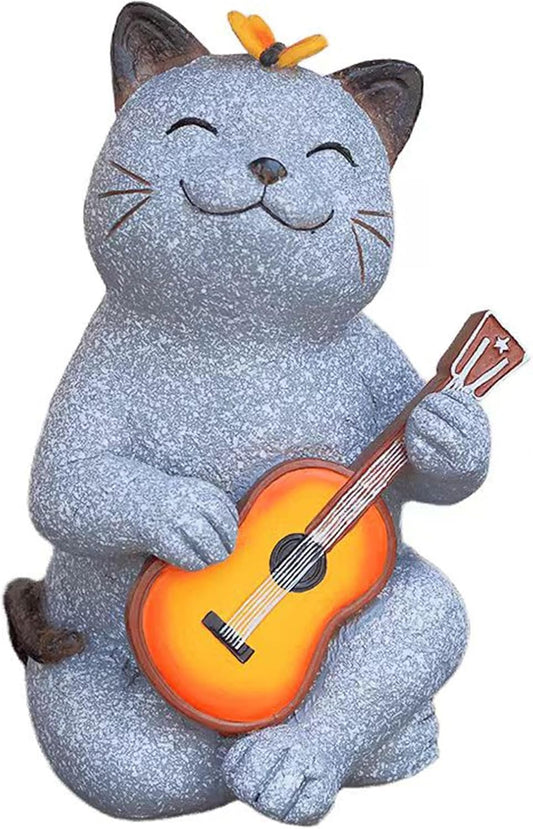 Cat Garden Statue Outdoor Decor, Cat Sculpture with Guitar and Butterfly for Yard Lawn Patio