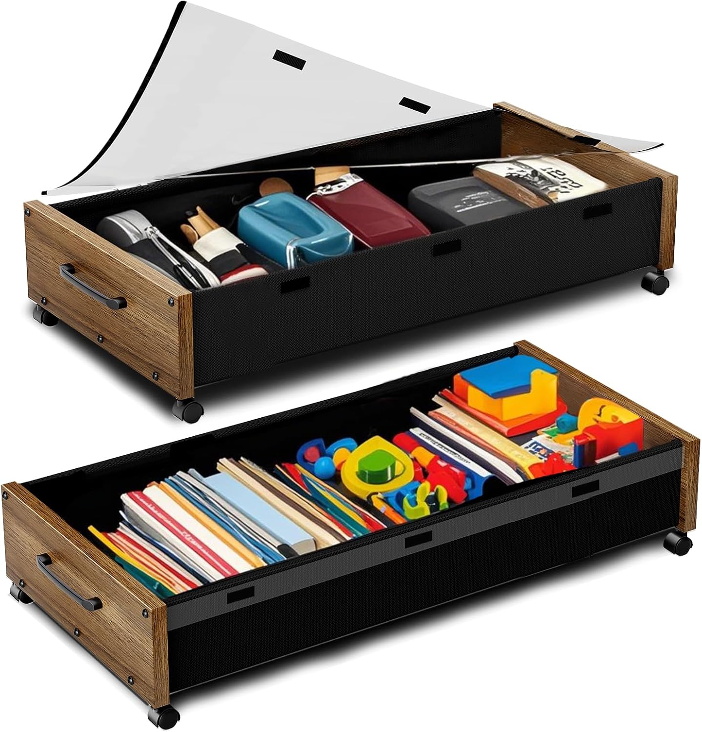 Wooden Under Bed Storage with Wheels, 80L Extra-large Rolling Under the Bed Storage Bins 2 Pack