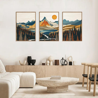 HLNIUC Large Sunset Mountain Framed Wall Art,Boho Forest Pine Tree Canvas Wall Decor Set of