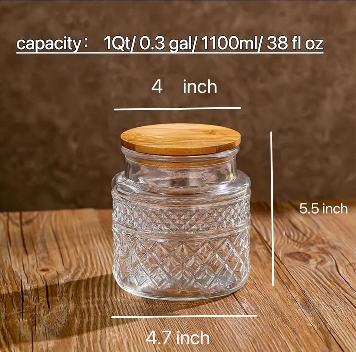 Glass Storage Jar, 38 FL OZ, Food Canisters with Bamboo Lid, Kitchen Containers Decorative Airtight