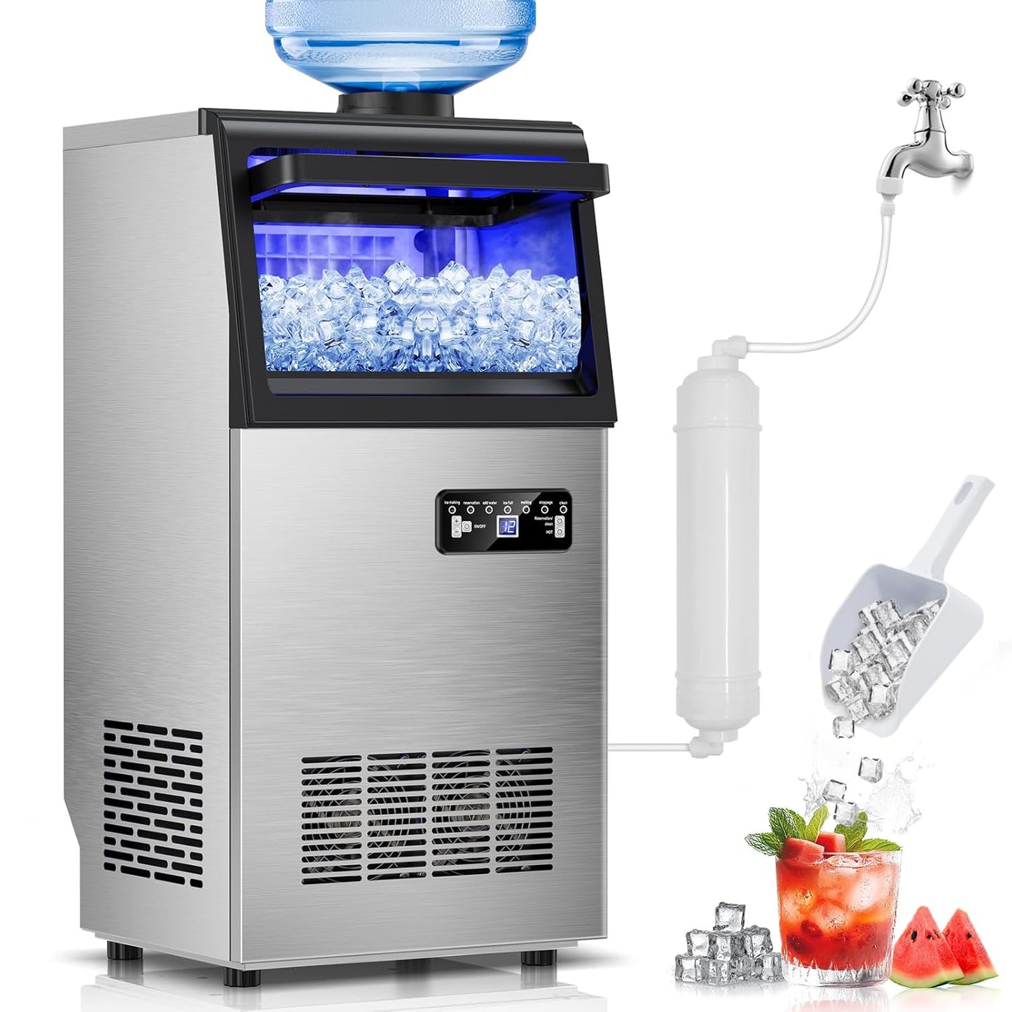 Commercial Ice Maker Machine, 110Lbs/24H, 30Lbs Storage, 36Pcs Clear Ice Cubes in 10-15Mins