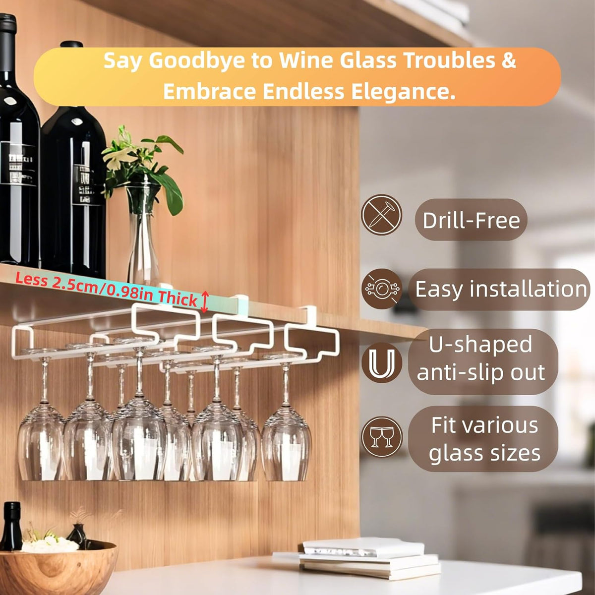 LINFIDITE 2 Pack Wine Glass Holder Stemware Rack Hanger Under Cabinet Wine Glass Rack Kitchen