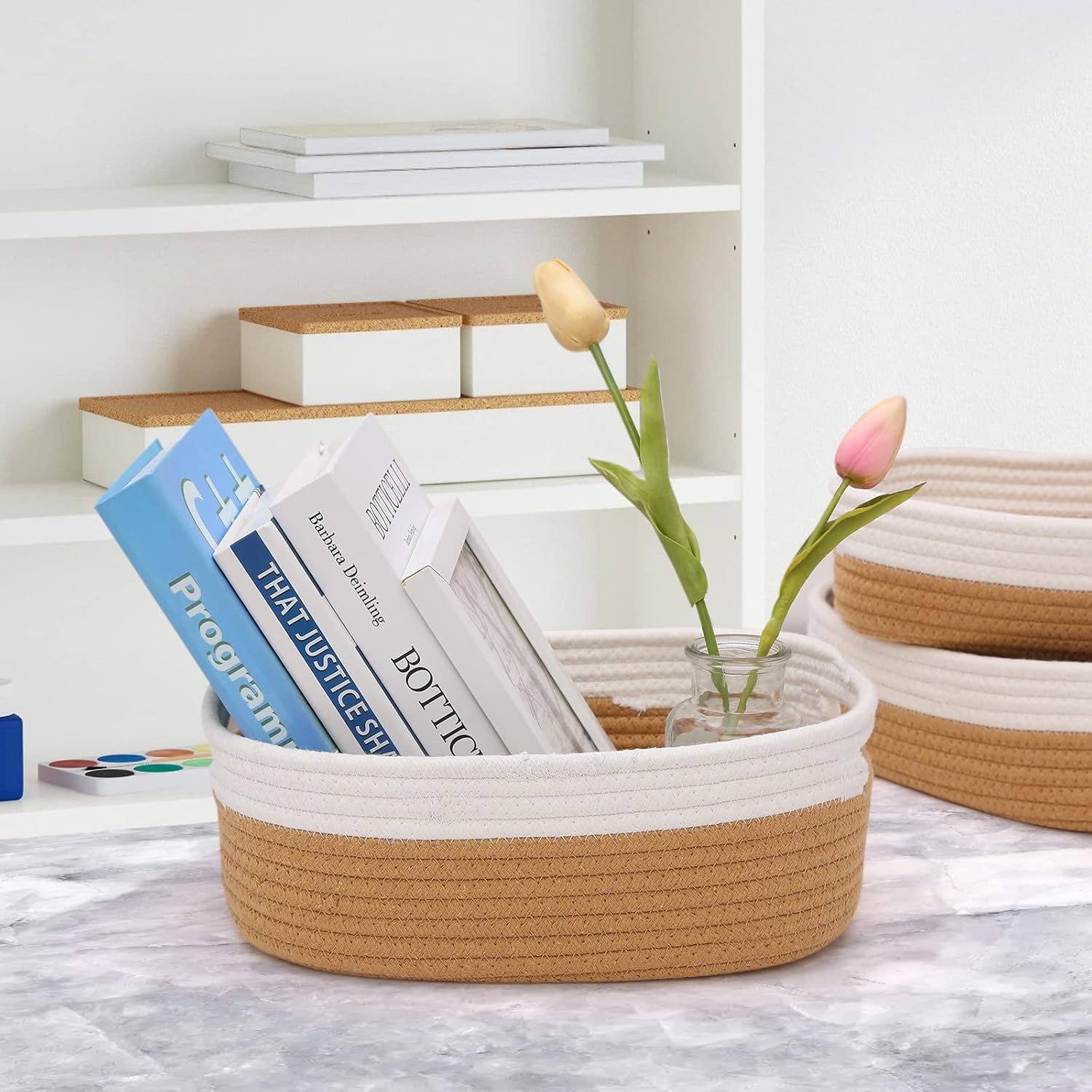 7 Piece Cotton Rope Woven Basket Set - Small Basket for Baby Nursery, Pets, Montessori, Dog & Cat