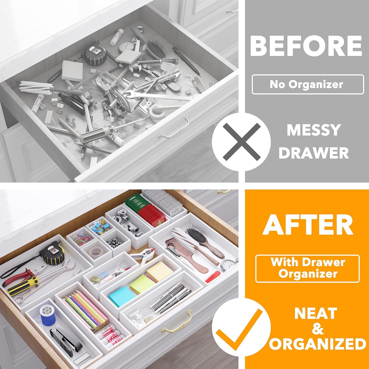 SpaceAid 14-Piece Bamboo Drawer Organizer Storage Boxes Set, Wood Tray Junk Drawer Organizers