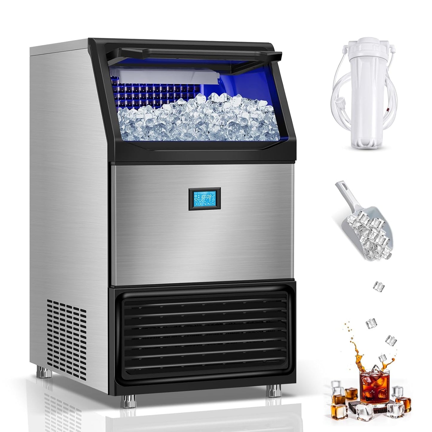 Commercial Ice Maker Machine 550LBS/24H with 185LBS Large Ice Storage Bin, 162Pcs Clear Ice Cubes