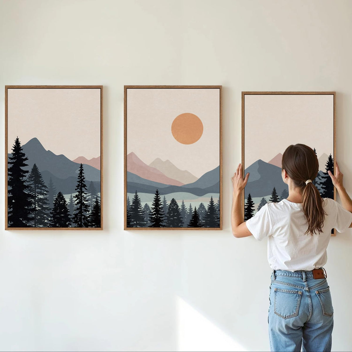 Tinonedraw Boho Mountain Framed Canvas Wall Art Set of 3, Watercolor Nature Landscape Art Prints