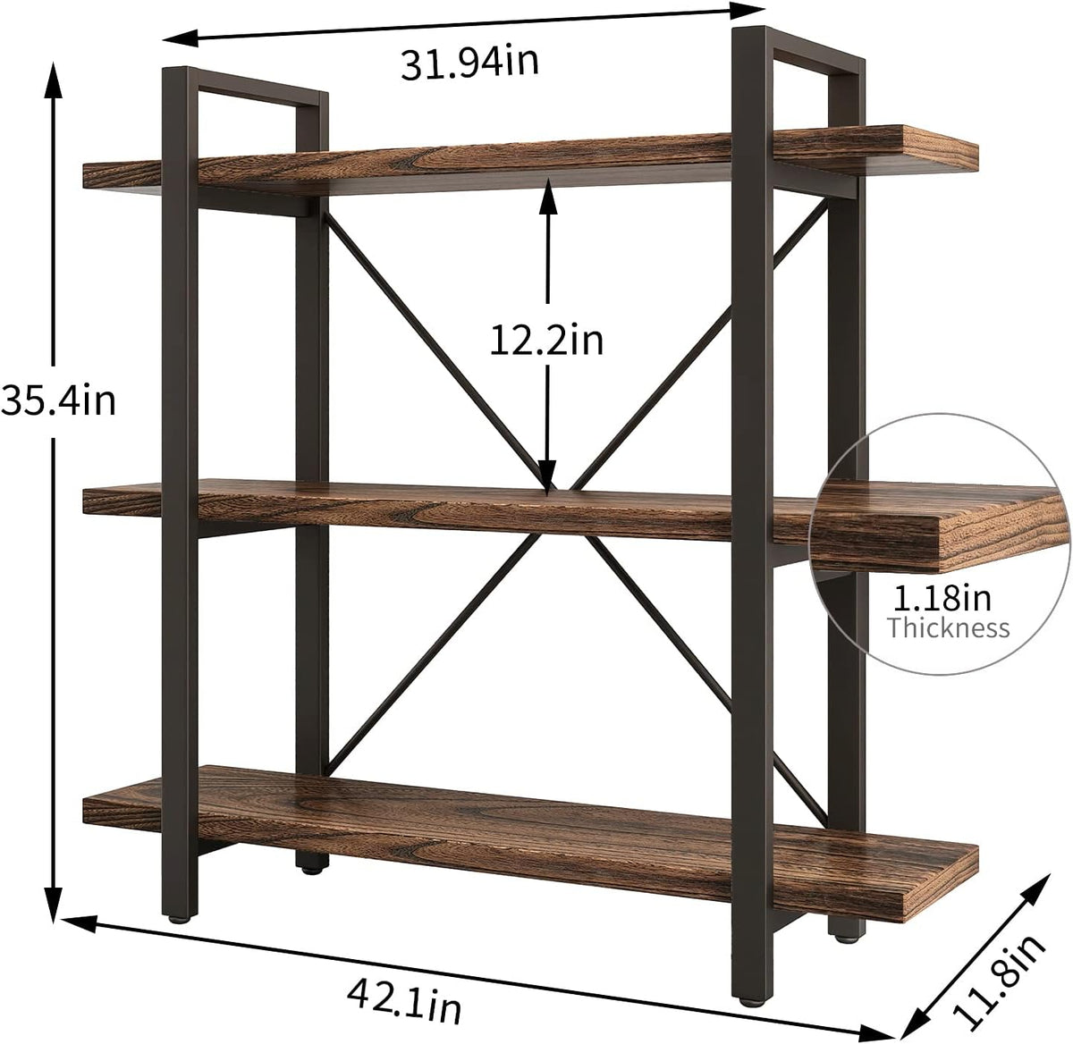 3 Tier Bookshelf Modern Rustic Open Bookshelf Office Solid Wood Bookcase and Book Shelves Wood and