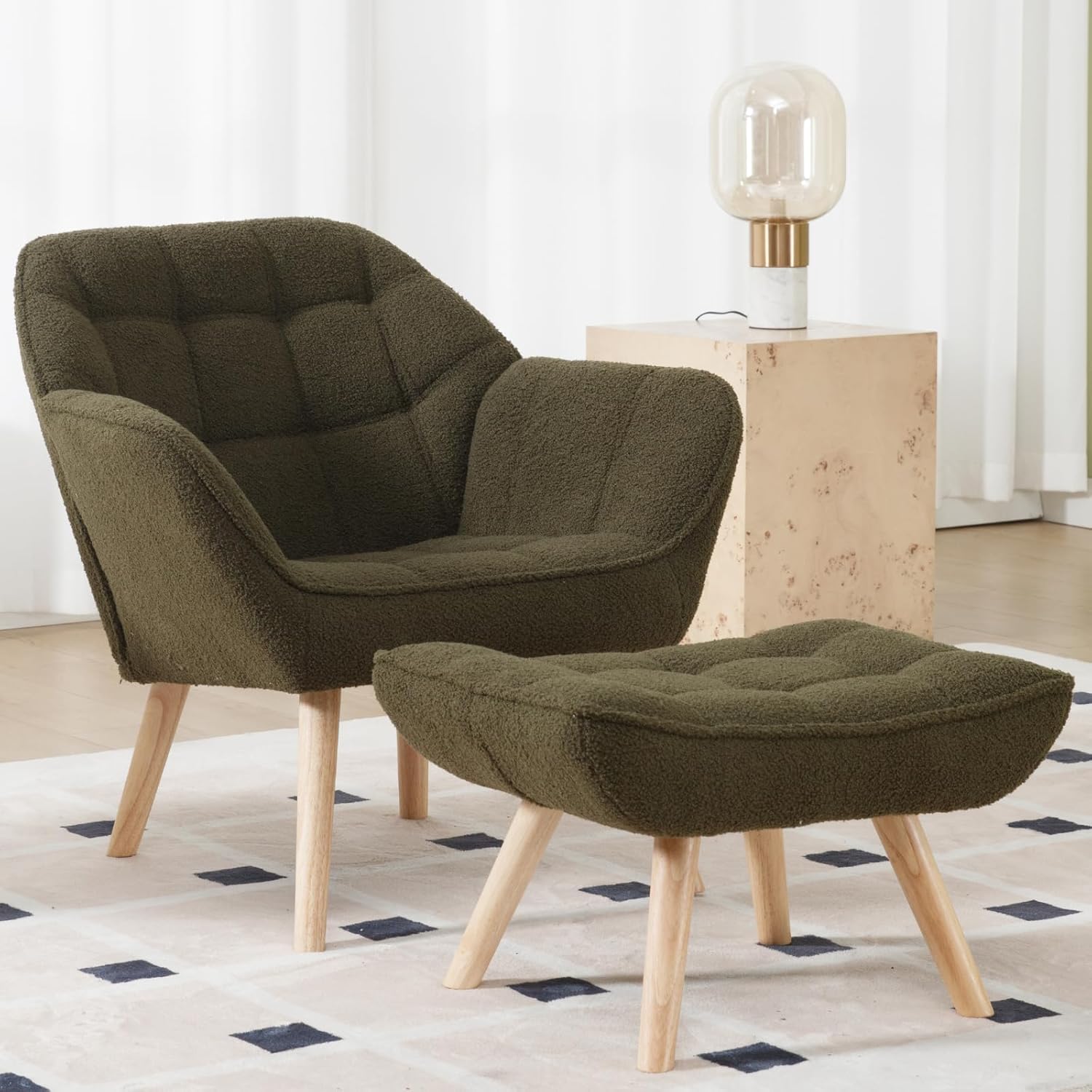 Green Sherpa Accent Chair with Ottoman ，Modern Reading Chair with Ottoman Set, Comfy Fuzzy Armchair