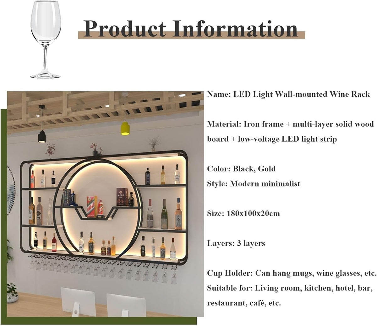 3-Tiers Metal Wine Rack Wall Mounted Modern With LED Light With Wine Glass Holder Large Liquor Bar