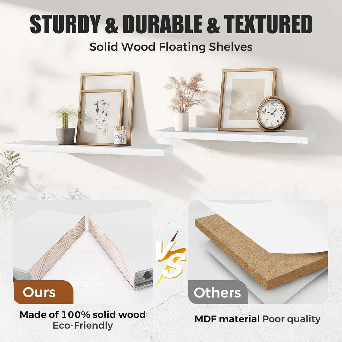 3-Pack Floating Wall Shelves, 24-Inch Rustic White Wooden Shelves for Storage and Décor, Easy
