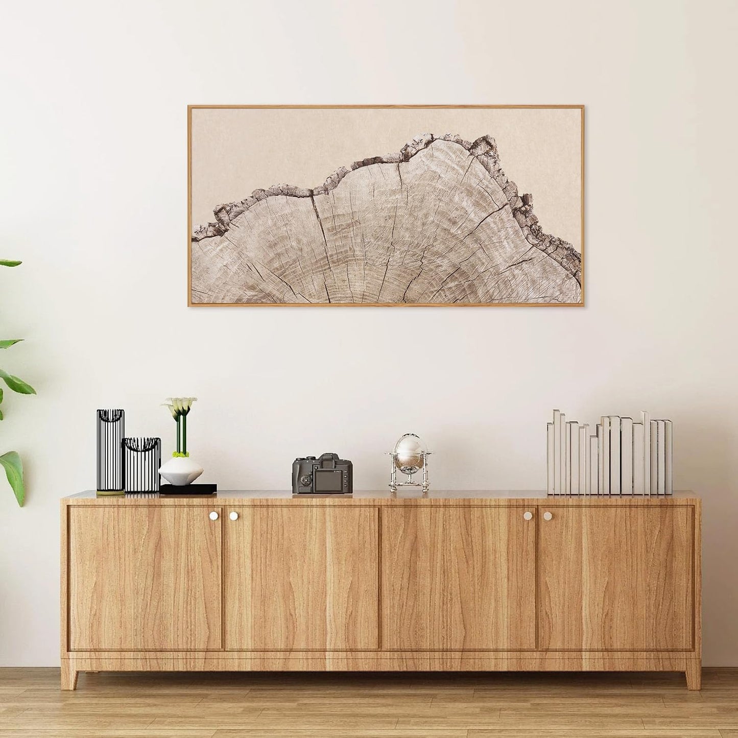 SIGNINART Large Tree Ring Framed Canvas Wall Art, Rustic Beige Wooden Wall Decor, Neutral Nature
