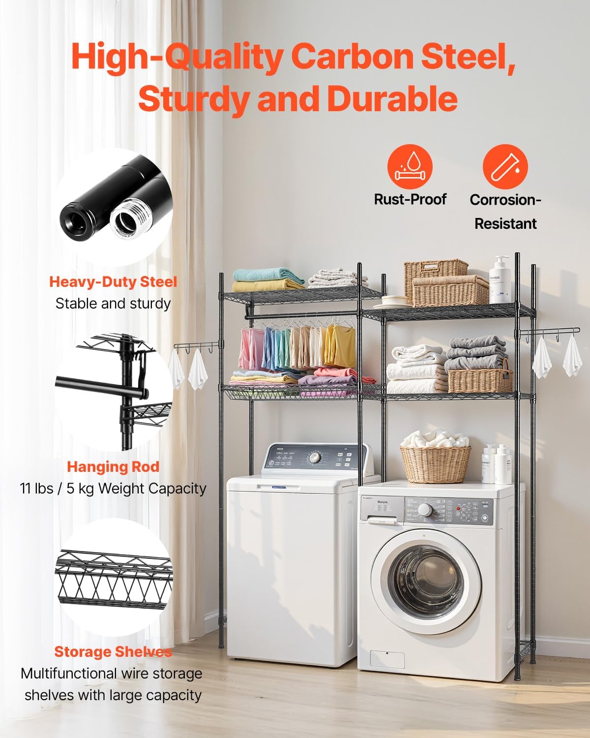 VEVOR Over The Washer and Dryer Storage Shelf, 4 Tier Laundry Room Drying Rack with Hanger Rod and