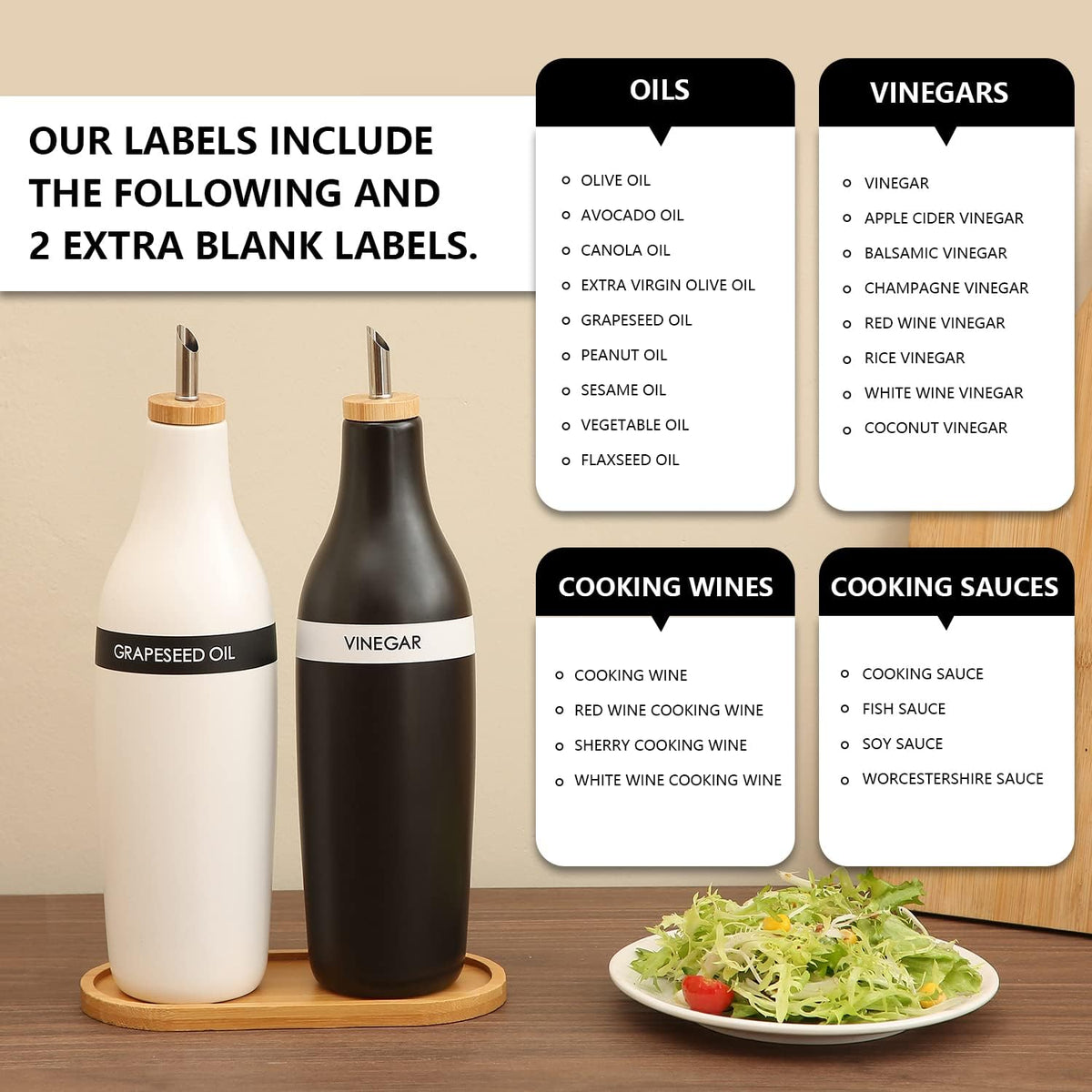 HOMCDALY Olive Oil and Vinegar Dispenser Set, Two 16oz Ceramic Oil Dispenser for Kitchen, Kitchen