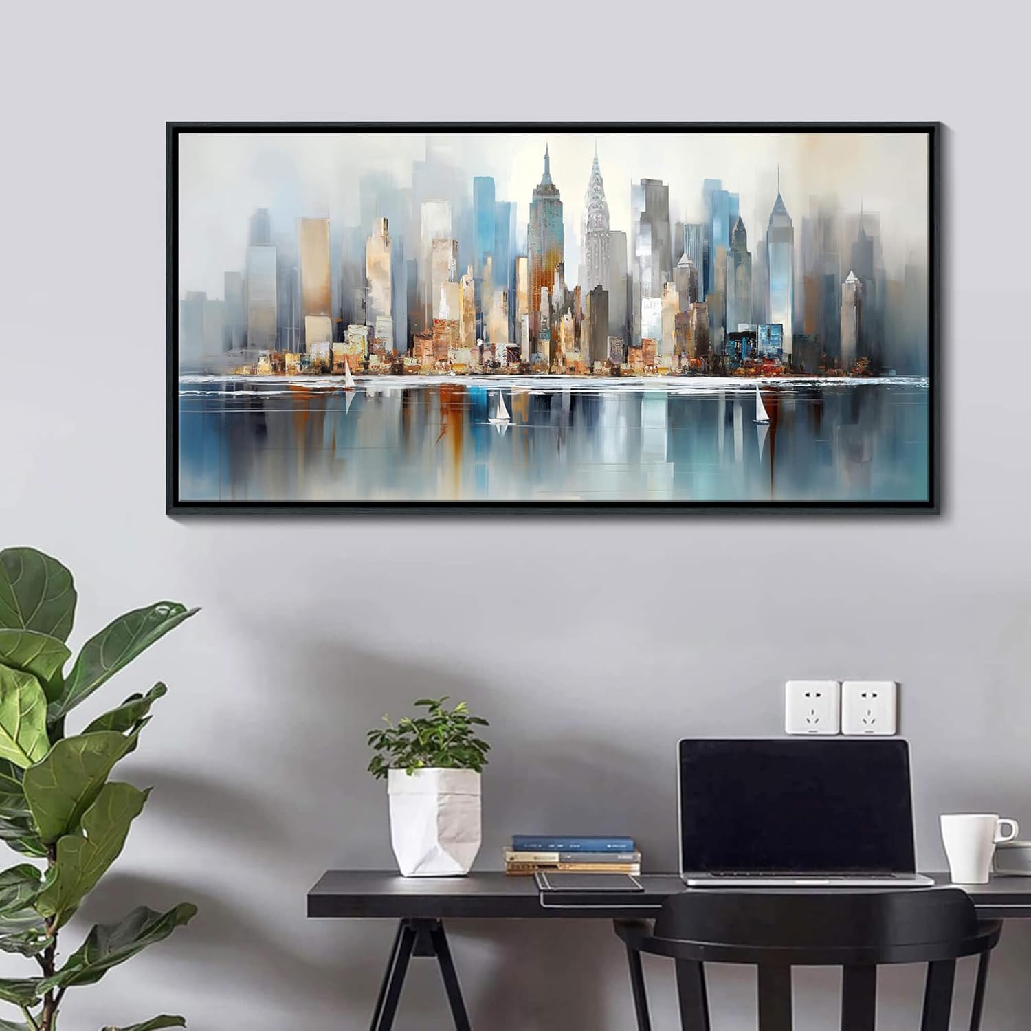 DUNHUANG ART New York City Skyline Abstract Art - Modern Manhattan City View Painting for Home