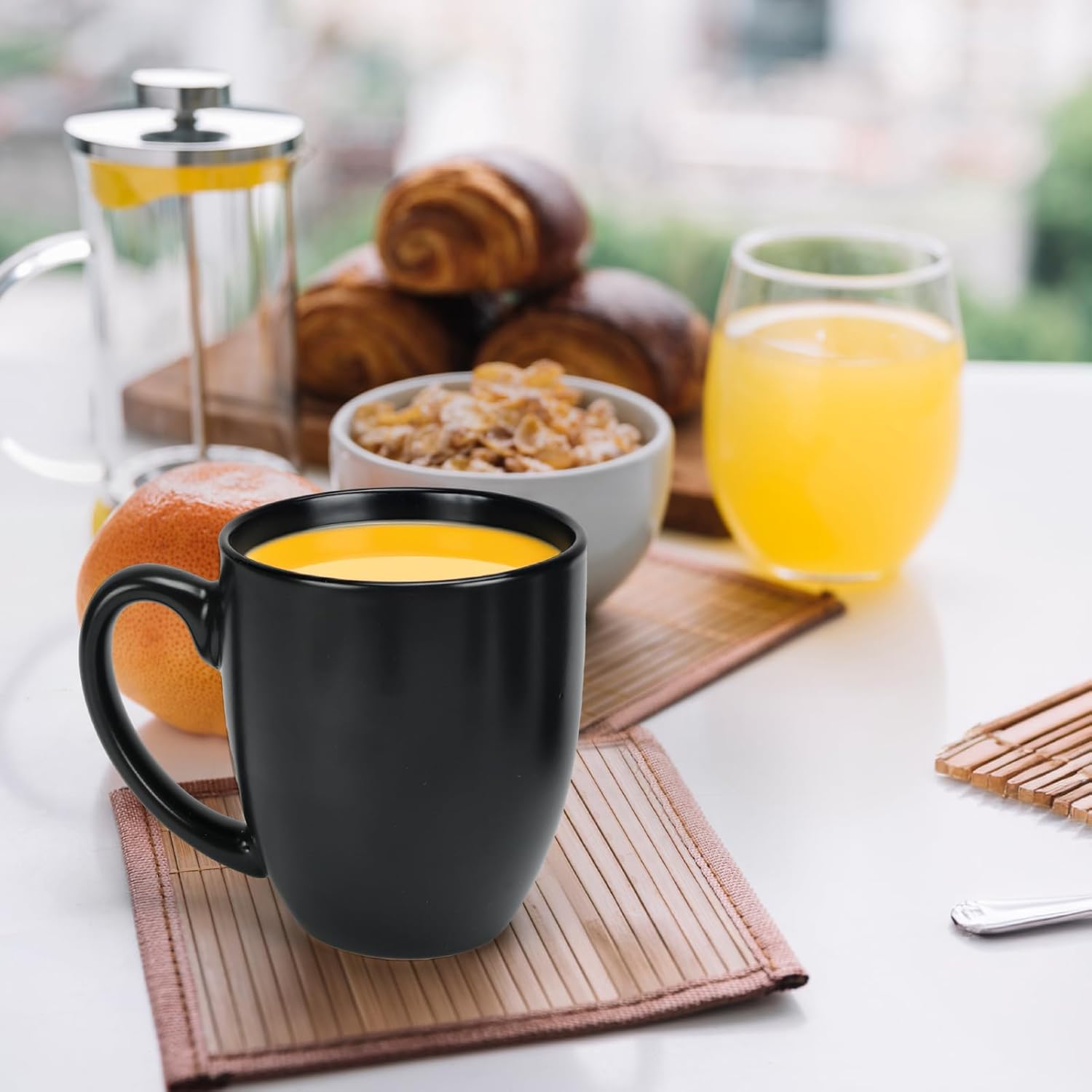 16 OZ Black Stoneware Mugs Set of 6, Large Ceramic Coffee Cups with Handle, Porcelain Mugs for