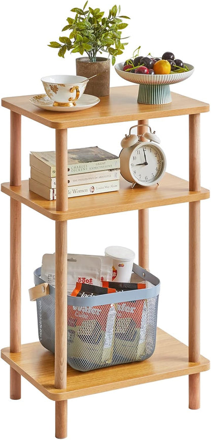 IBUYKE 3-Tier Side Table, Solid Wood Tall End Table with Storage Shelves, Nightstand Bedside Table
