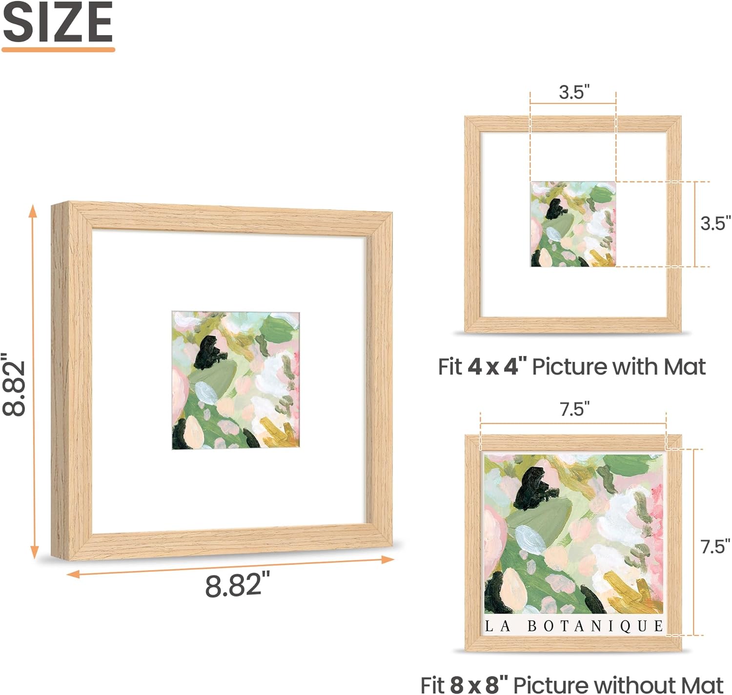 upsimples 8x8 Picture Frames, Natural Solid Wooden Picture Frames, Display 4x4 with Mat or 8 x 8