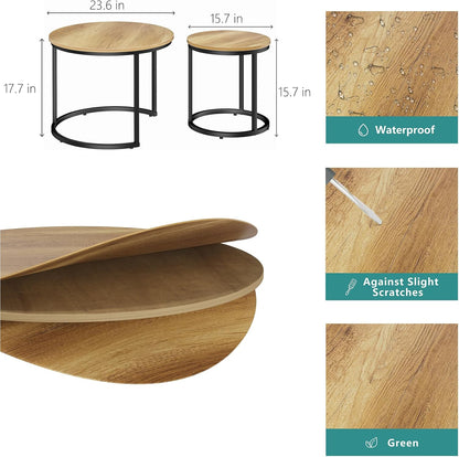 Smuxee Nesting Coffee Table Set of 2, 23.6" Round Coffee Table Brown Wood with Adjustable Non-Slip