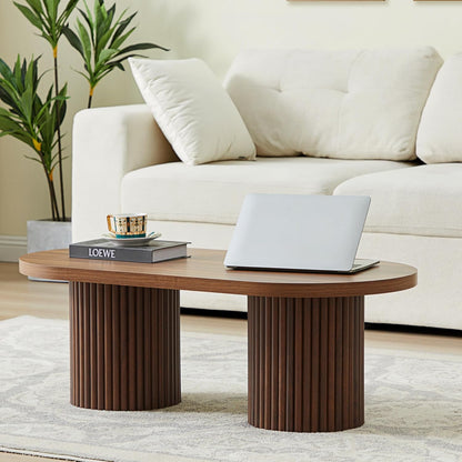 Oval Fluted Coffee Table, Farmhouse Wood Coffee Table Mid Century Modern Center Table Boho Living