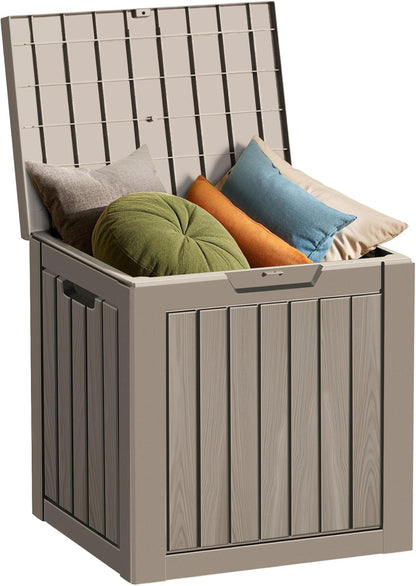 35 Gallon Resin Deck Box, Waterproof Outdoor Storage Bin for Patio, Poolside, and Garden, Lockable