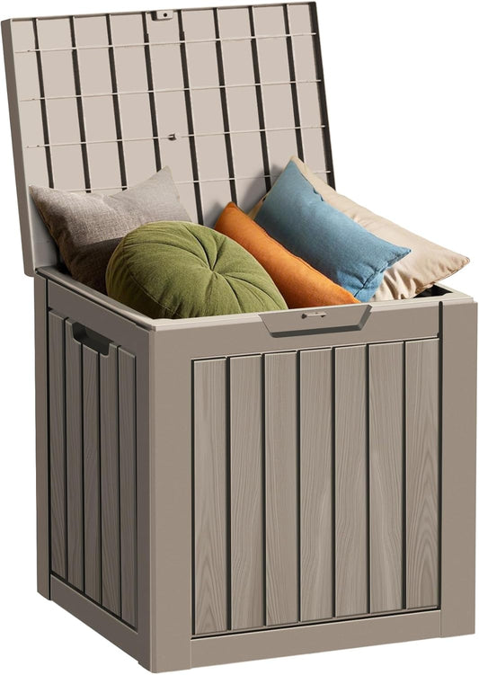 35 Gallon Resin Deck Box, Waterproof Outdoor Storage Bin for Patio, Poolside, and Garden, Lockable