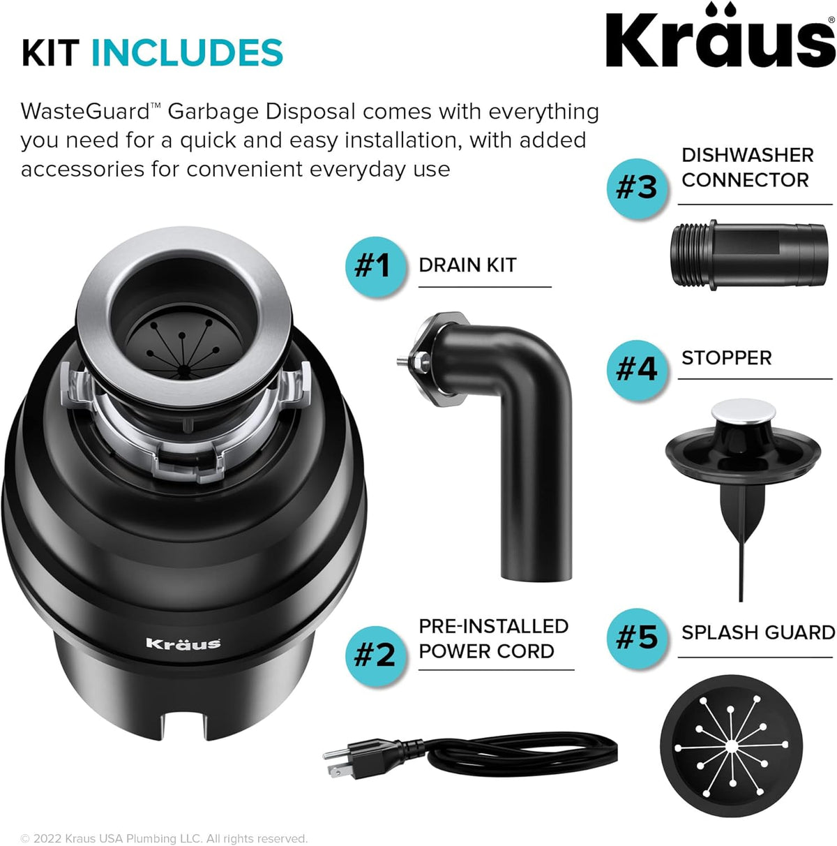 KRAUS WasteGuard 1 HP Ultra-Quiet Garbage Disposal with Quick Connect, Kitchen Sink Drain Cover
