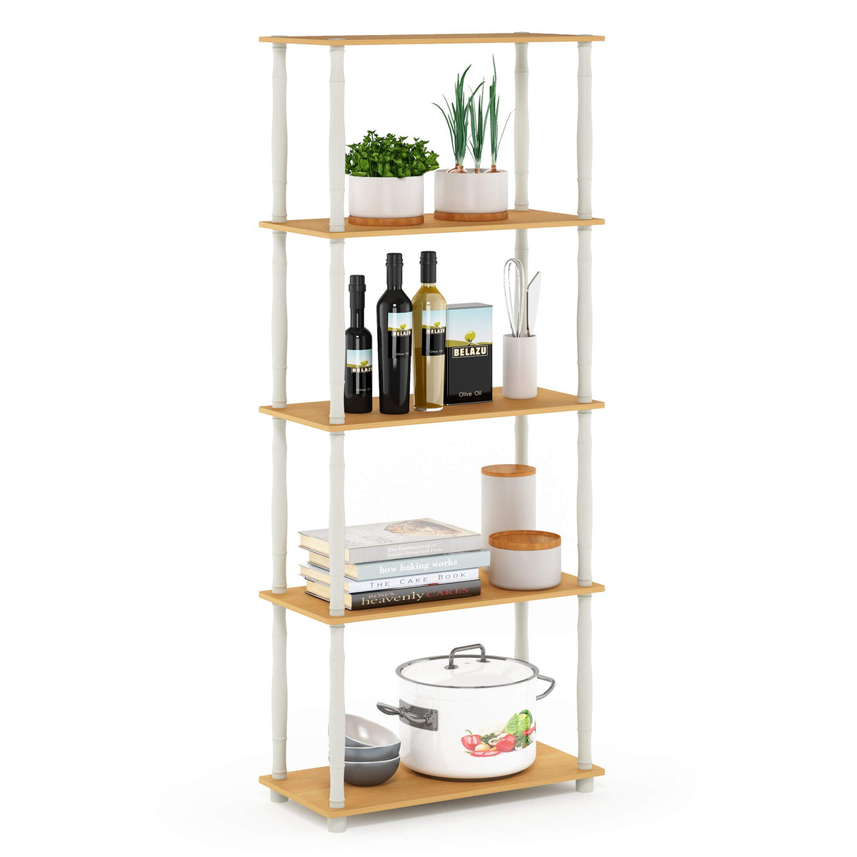 Furinno TURN-S-TUBE Storage Shelves, 5-Tier Book Shelf, Corner Shelf, Toolless Open Shelves