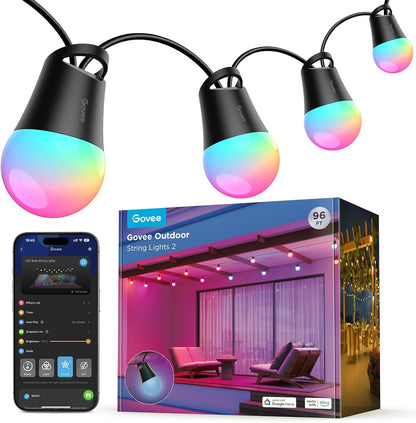 Govee Smart Outdoor String Lights 2, 96ft RGBIC Outdoor Lights with Dimmable Warm White LED Bulbs