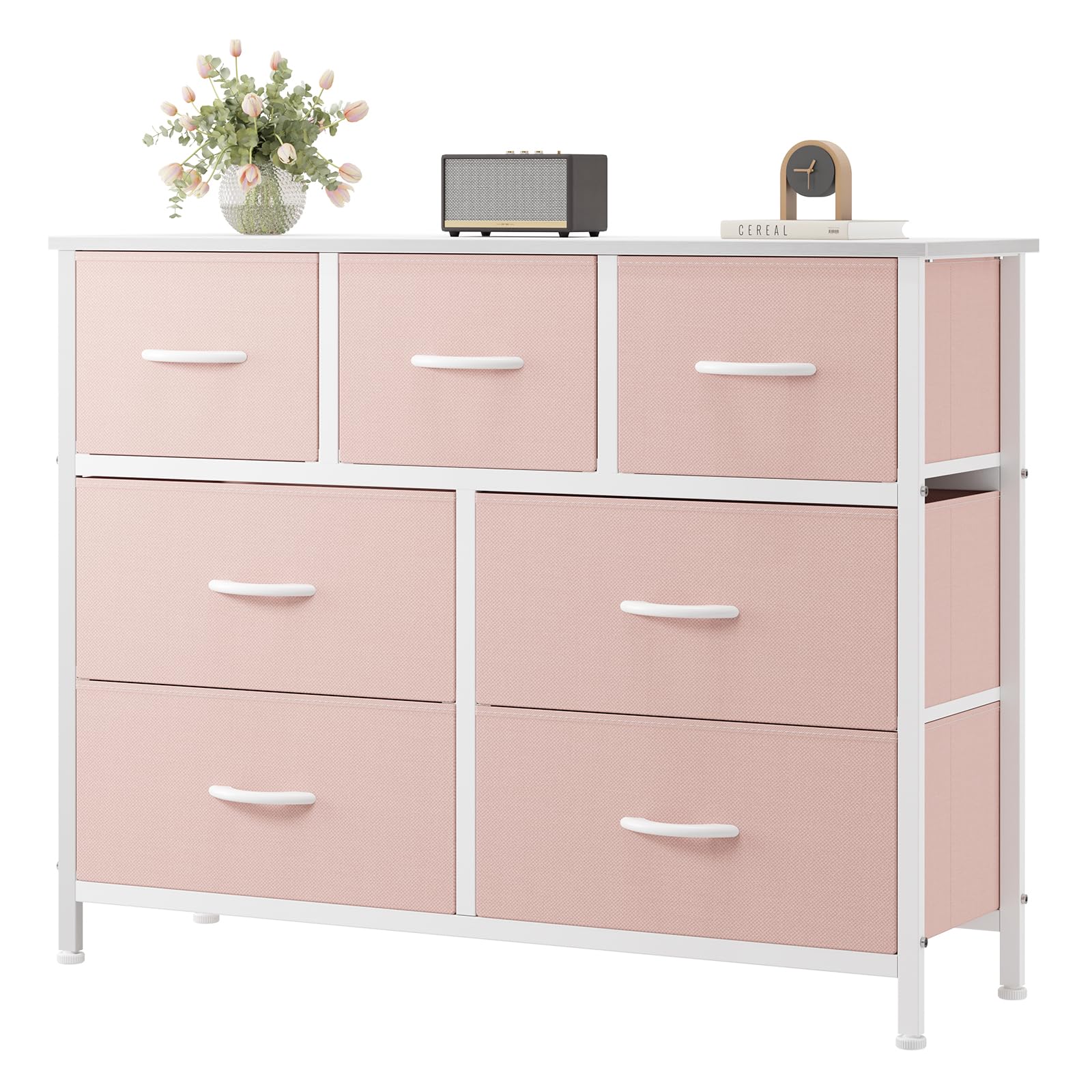 Sweetcrispy 7 Drawer Dresser for Bedroom Storage with Fabric Bins, Pink