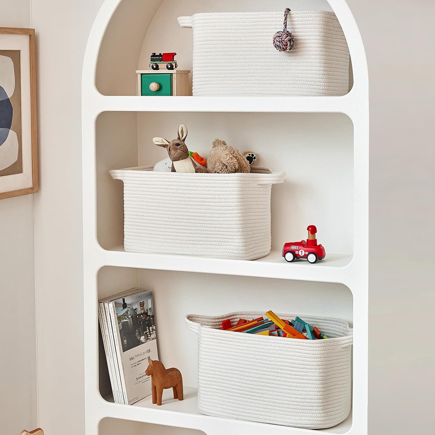 3 Packs Cotton Rope Woven Basket With Handles for Shelves -15"*10.2"*9.1"(White)