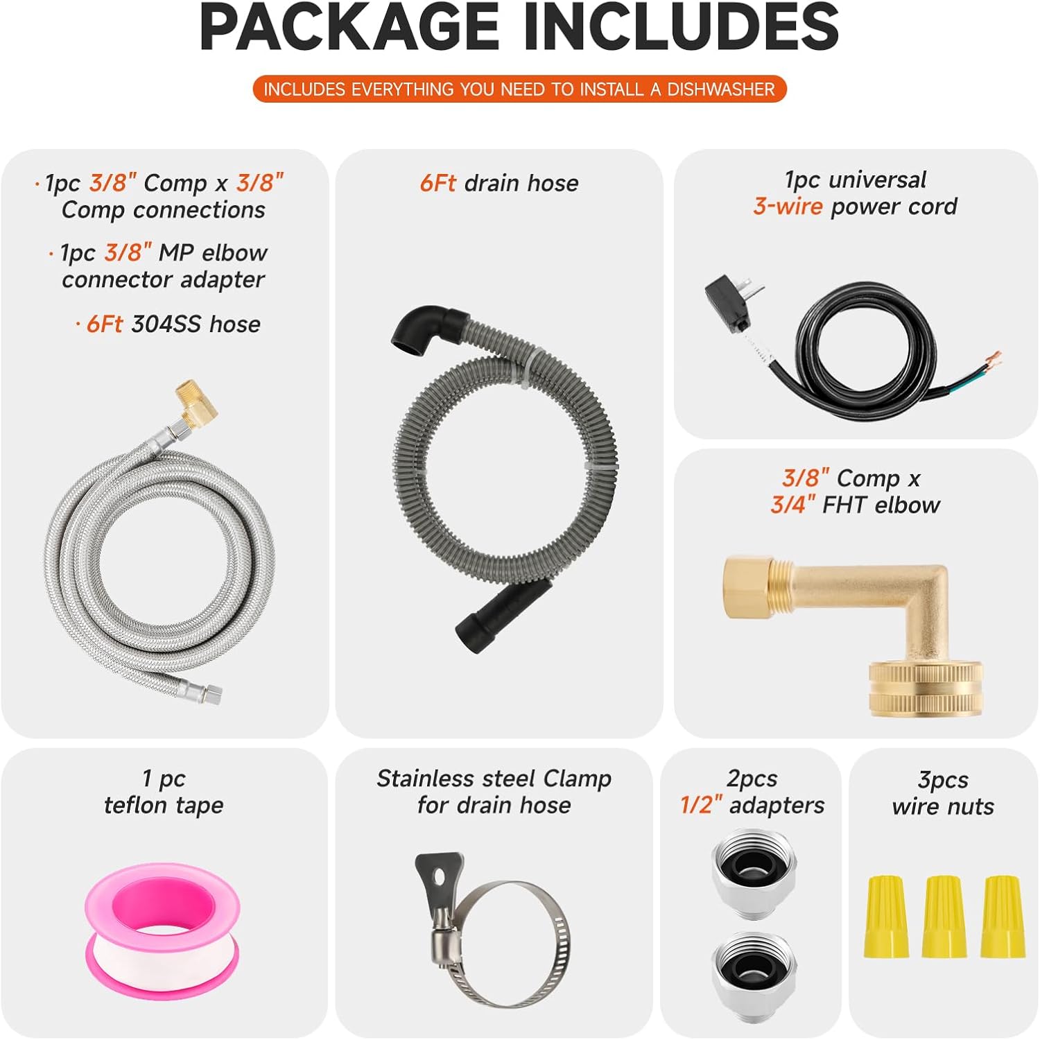 Roastove Universal Dishwasher Installation Kit,6 Ft Stainless Steel Dishwasher Hose,Burst Proof
