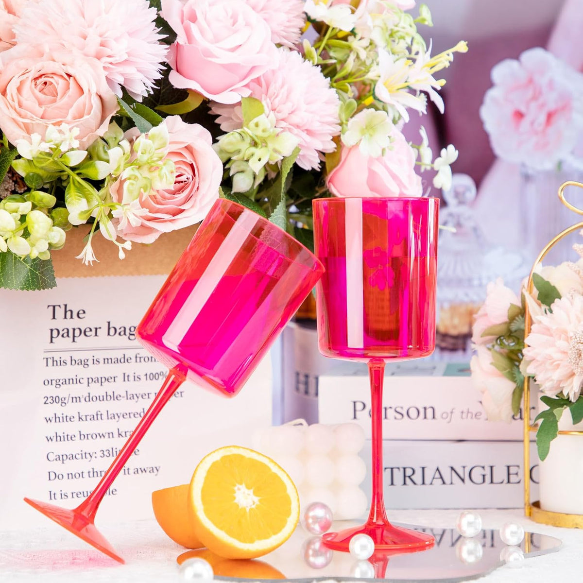 Ciaell 12 Pack Plastic Wine Glasses - 10Oz Hot Pink Plastic Wine Glasses With Stem - Disposable