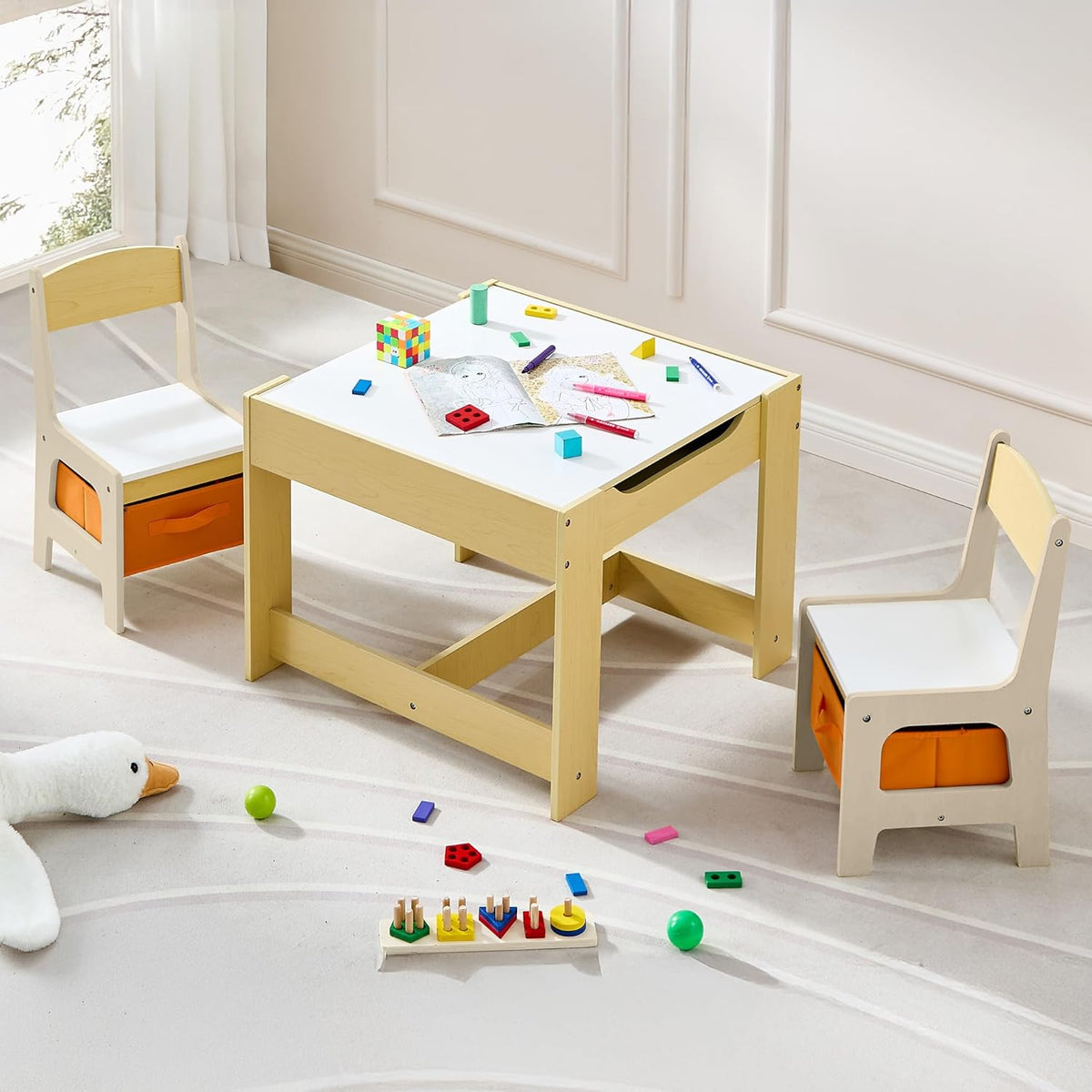 Kids Table and Chair Set, 3 in 1 Wooden Activity Table with Detachable Tabletop, Toddler Table and