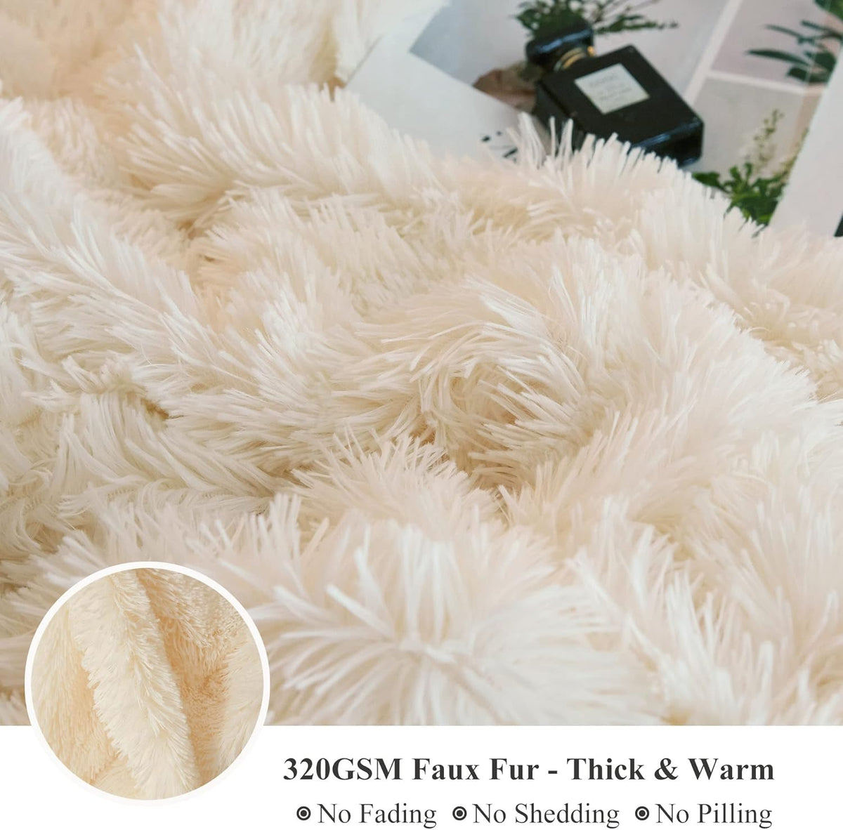 XeGe Luxury Faux Fur Blanket, Ivory Soft Big Fluffy Throw, Shaggy Plush Decorative Couch Blanket