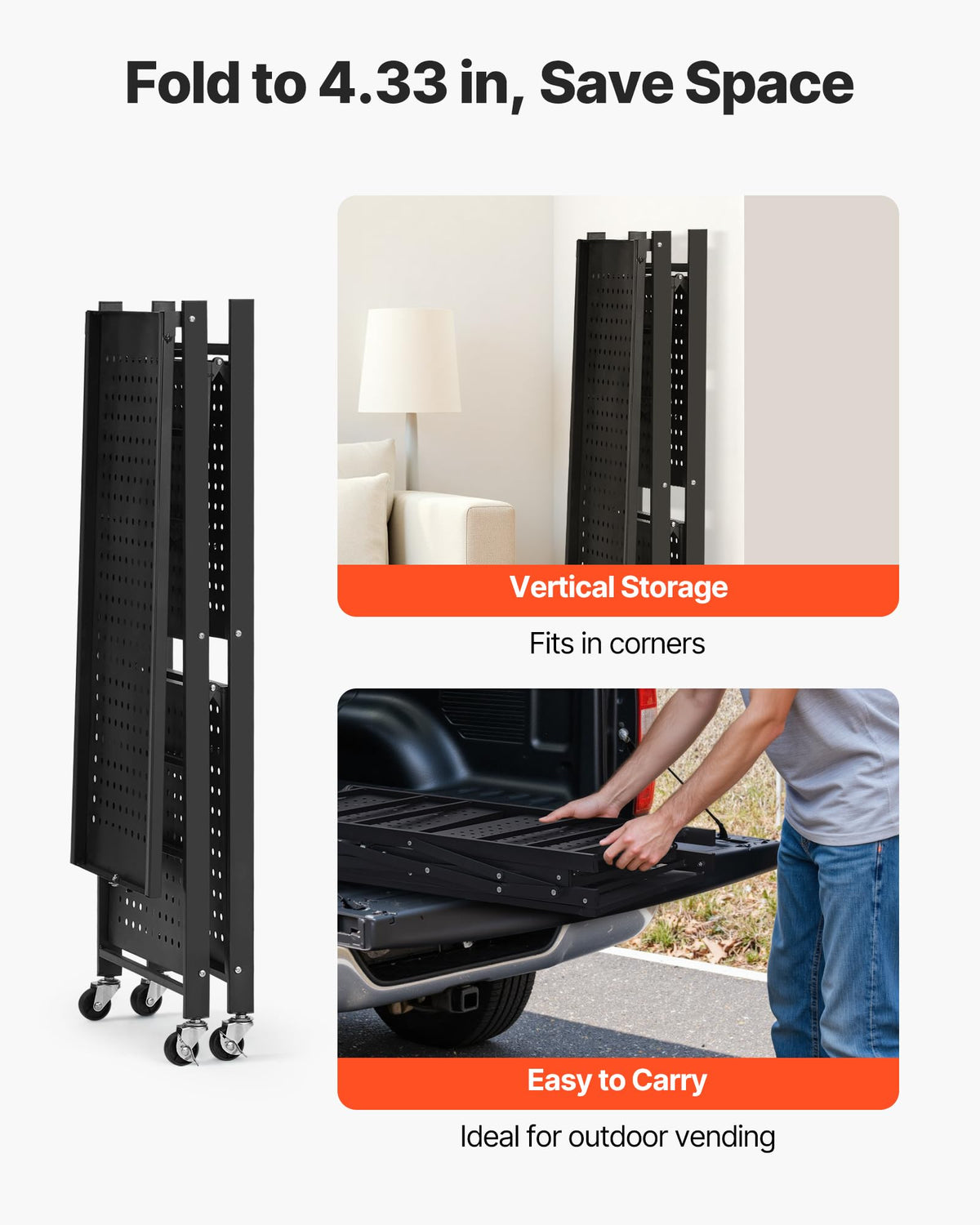 VEVOR 3-Tier Foldable Storage Shelf, 28W x 13D x 36H Inch Folding Metal Rack Shelving Unit, No