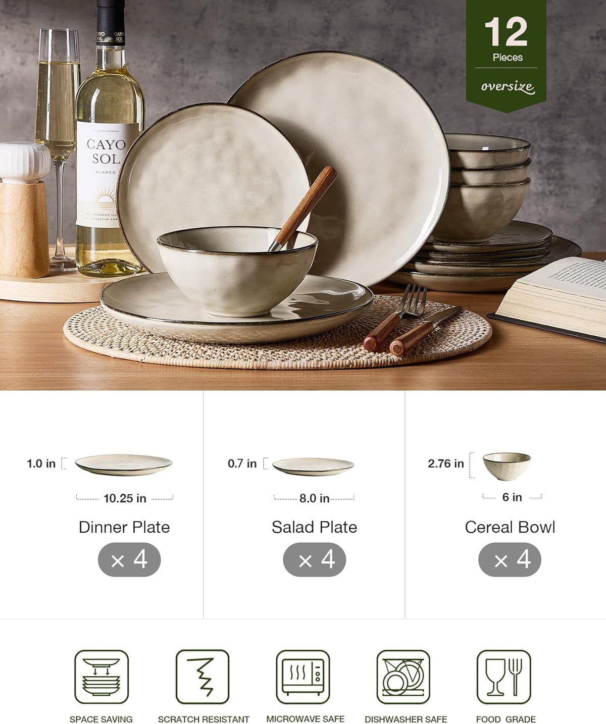 Famiware Dinnerware Sets for 4, Ocean Round 12-Piece Kitchen Plates and Bowls Sets, Microwave and