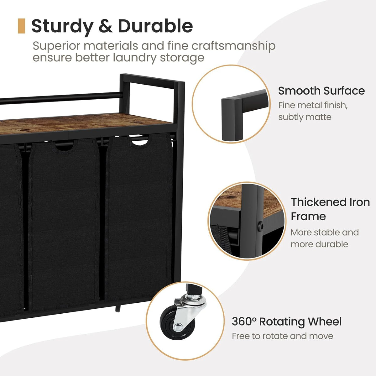 Laundry Hamper, Laundry Basket, Laundry Sorter with 3 Removable Bags, Clothes Basket with 3