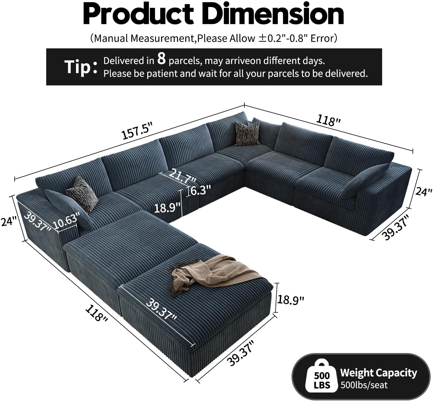 157.5" Cloud Couch Oversized Modular Sectional Sofa for Living Room,Modern Sofa with Deep Seat，8